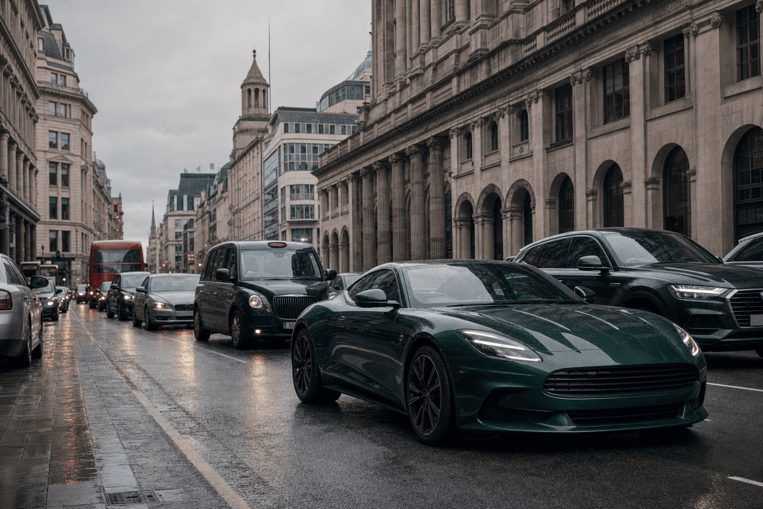 A high-performance green car constrained by traffic in central London