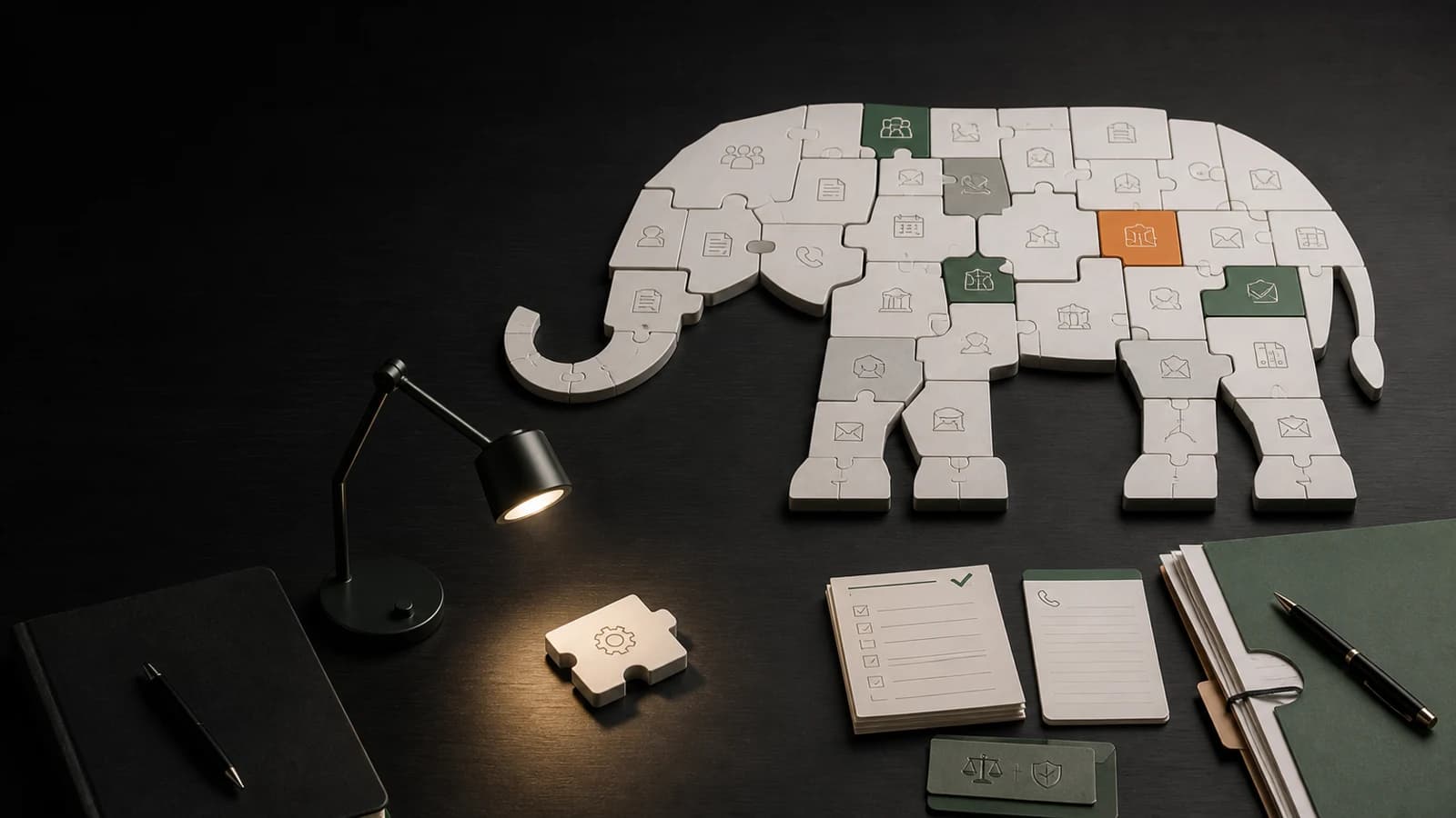 An elephant assembled from individual legal workflow pieces, with one piece under examination