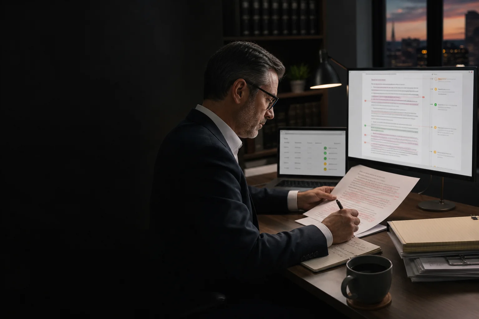 A lawyer performing a final preflight review of an AI-assisted legal document