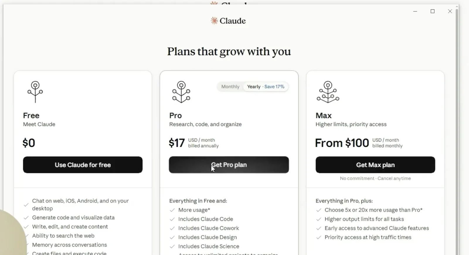 Claude plan selection screen showing Free, Pro, and Max options