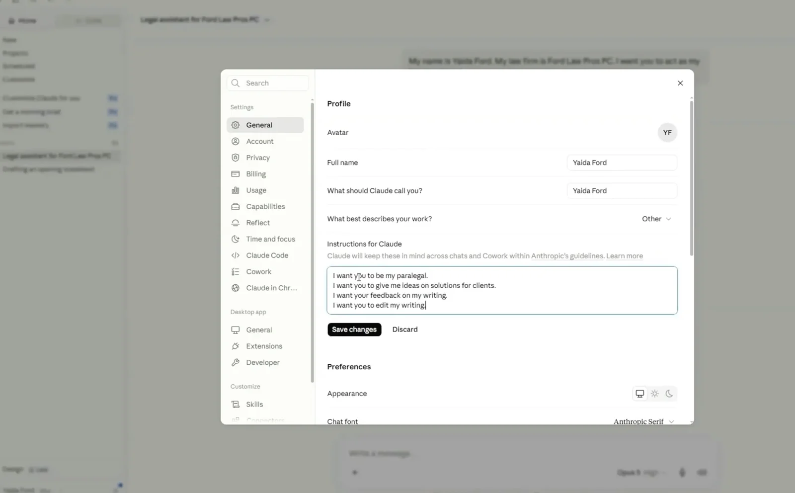 Claude General settings with the Instructions for Claude field and Save changes button