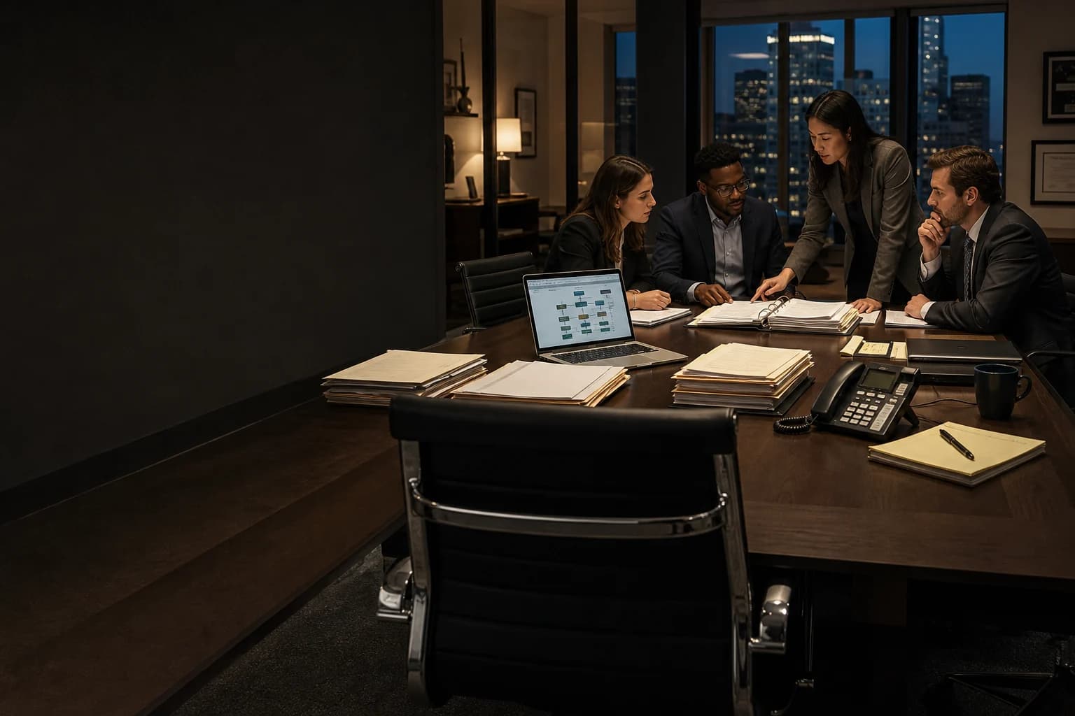 A personal injury legal team working while the managing partner's chair sits empty