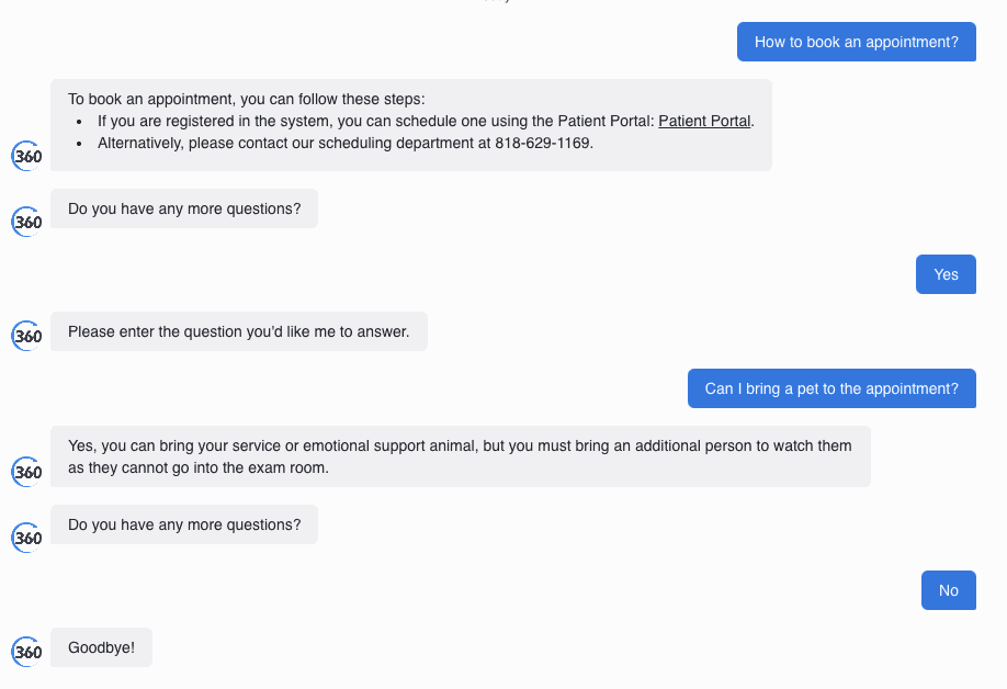 AI chatbot interface showing a patient conversation