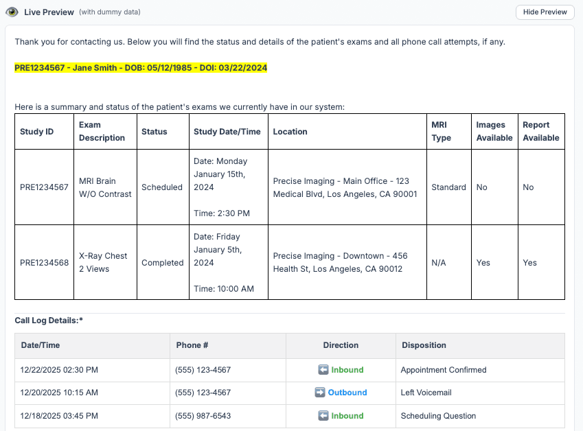 Response preview showing a generated email with patient data and formatting