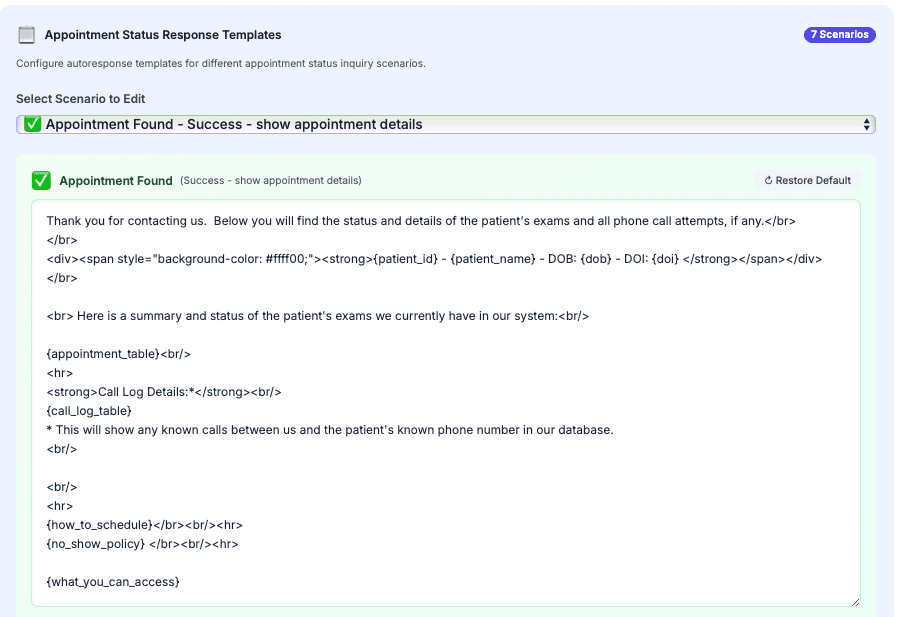 Template configuration interface showing customizable autorespond templates with placeholder fields